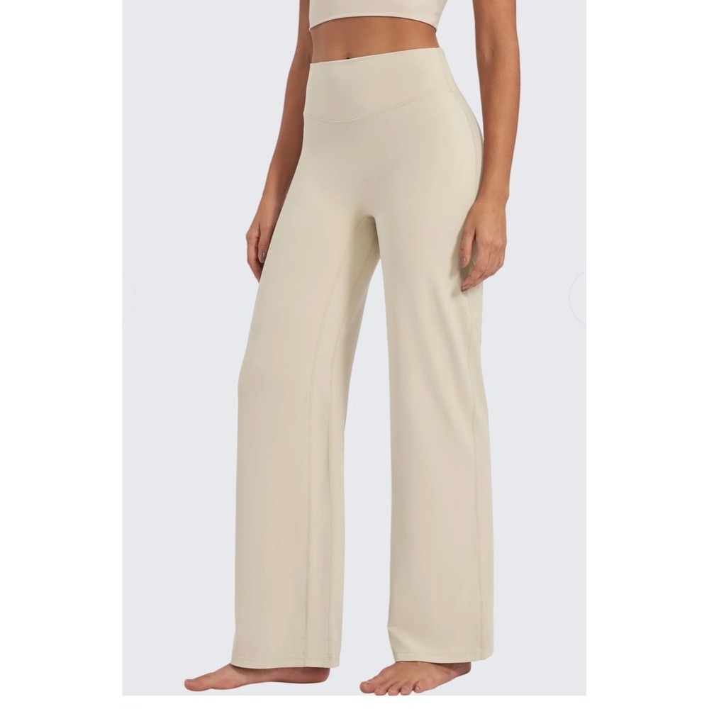G4Free‎ Womens Wide Leg Yoga Pants Tan Beige High Waist Lycra Leggings Size Med